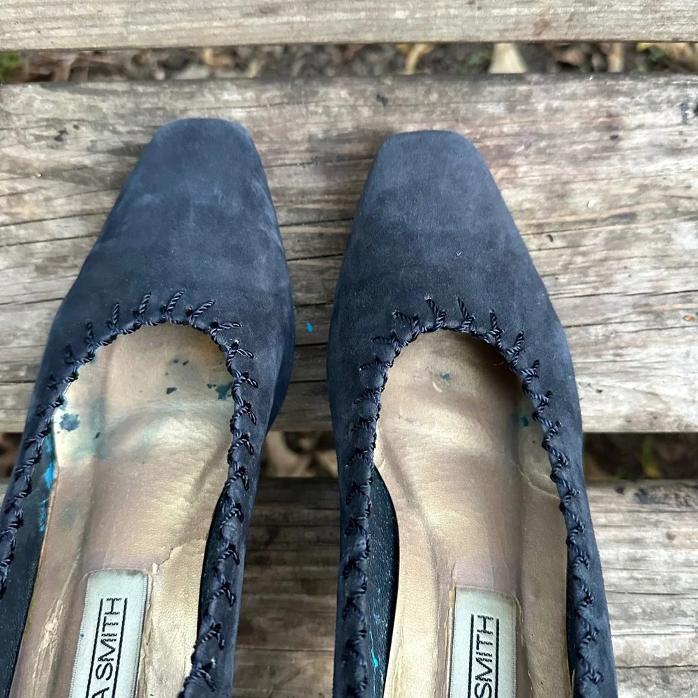 Vintage Amanda Smith Marilyn Kid Suede Pumps Pointed Toe Heels Navy Blue‎ Sz 9.5